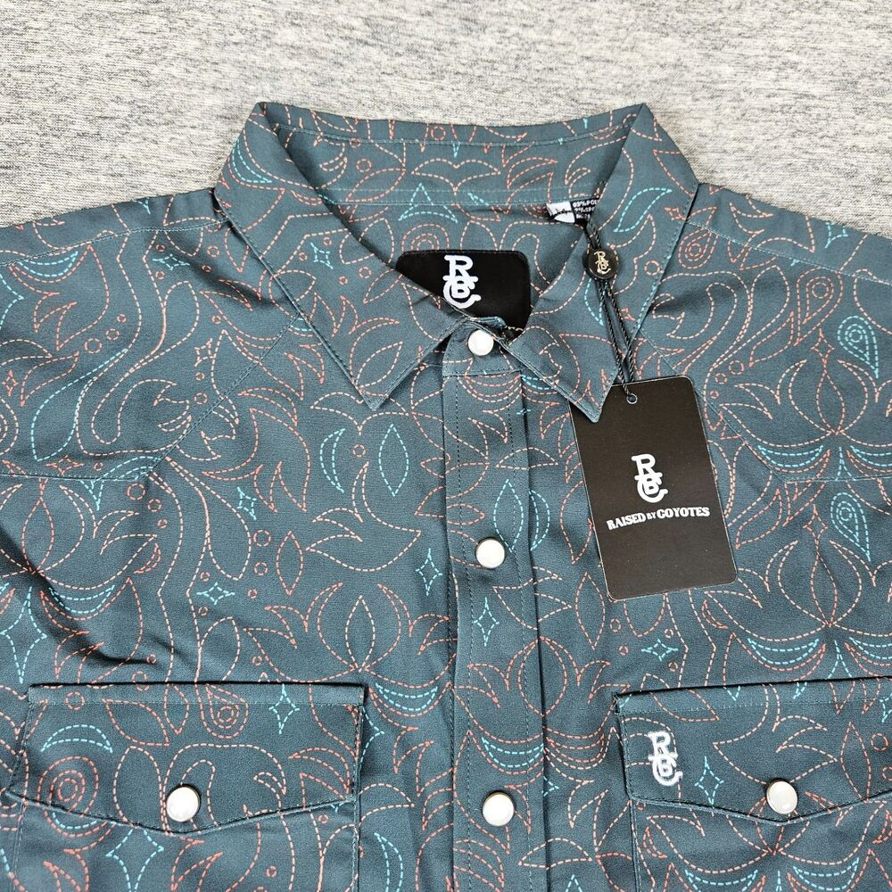 NEW Raised by Coyotes Western Shirt Medium Blue Cowboy Threads LS Pearl Snap NWT